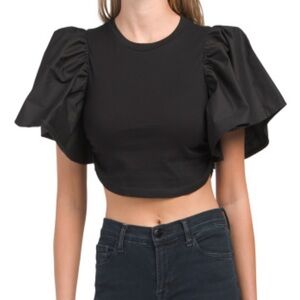 On Twelfth Black Ruffle Sleeve Cropped Top Size Small